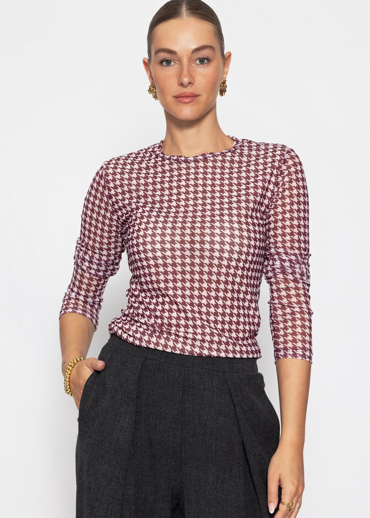 Mesh Langarmshirt mit Hahnentrittmuster - burgundy