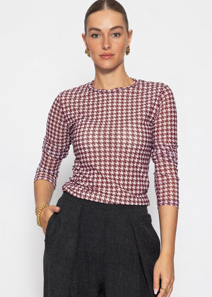Mesh Langarmshirt mit Hahnentrittmuster - burgundy