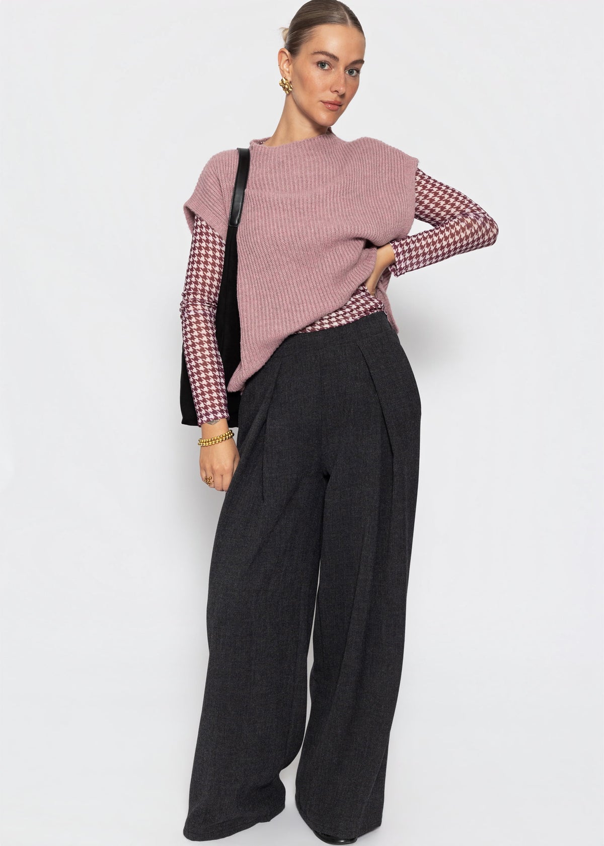 Mesh Langarmshirt mit Hahnentrittmuster - burgundy