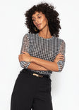Mesh Langarmshirt mit Hahnentrittmuster - schwarz