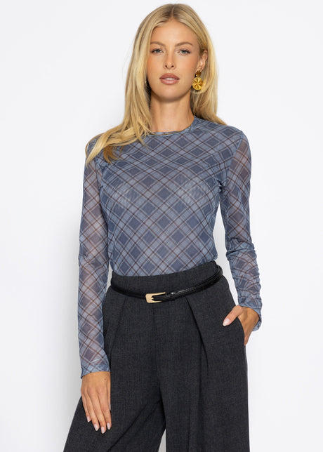 Mesh Langarmshirt mit kariertem Muster - blau
