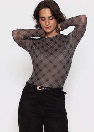 Mesh long-sleeved top with checked pattern - black