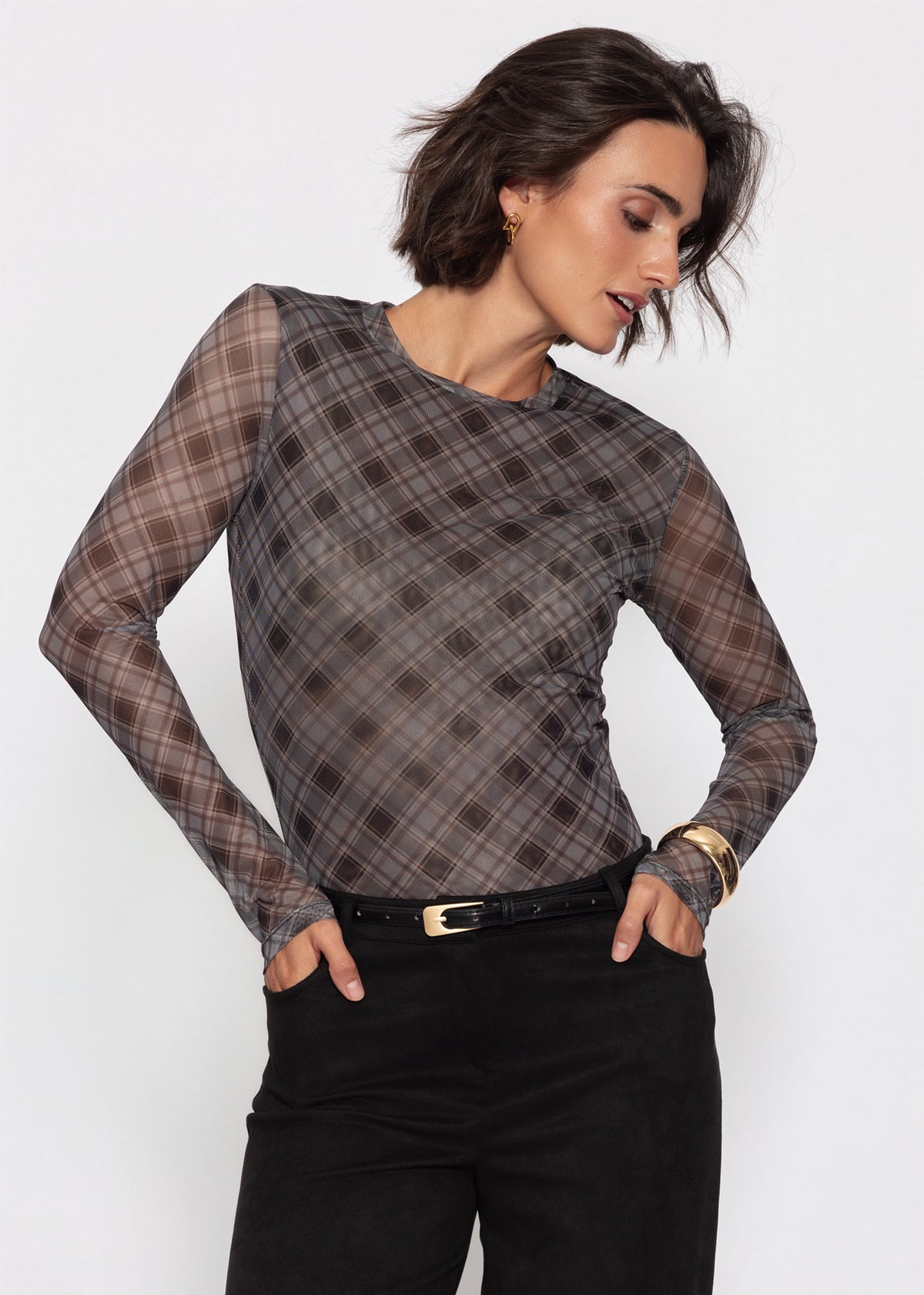 Mesh long-sleeved top with checked pattern - black