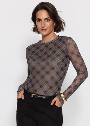 Mesh long-sleeved top with checked pattern - black