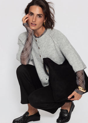 Mesh long-sleeved top with checked pattern - black