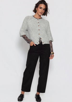 Mesh long-sleeved top with checked pattern - black