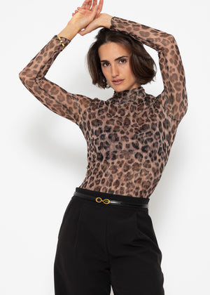 Mesh long-sleeved shirt with leopard print - brown