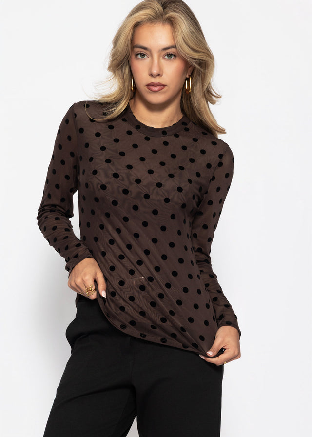 Mesh Langarmshirt mit Polka Dots - braun