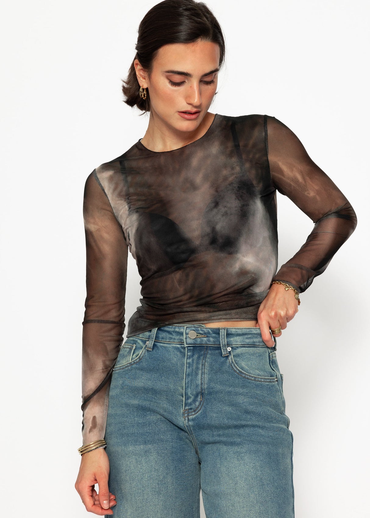 Mesh long-sleeved shirt with print - anthracite
