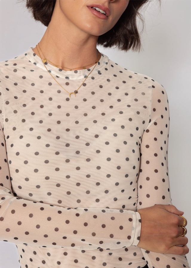 Mesh Langarmshirt mit Punkten - beige