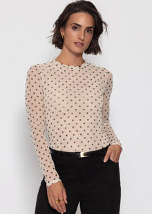 Mesh Langarmshirt mit Punkten - beige