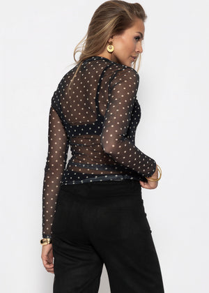 Mesh Langarmshirt mit Punkten - schwarz
