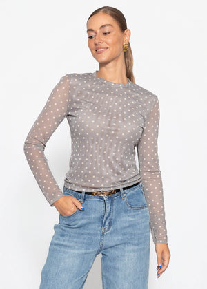 Mesh Langarmshirt mit Punkten - taupe