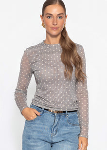 Mesh Langarmshirt mit Punkten - taupe
