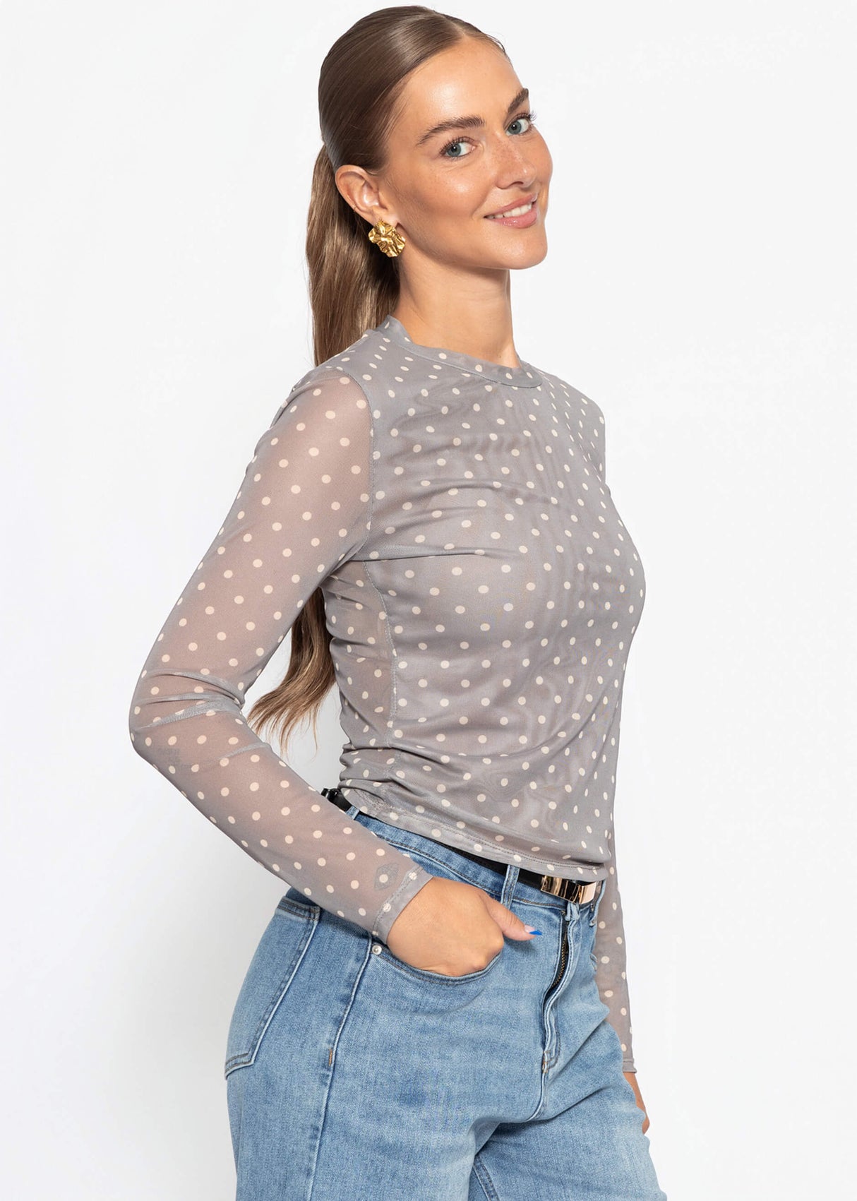 Mesh Langarmshirt mit Punkten - taupe