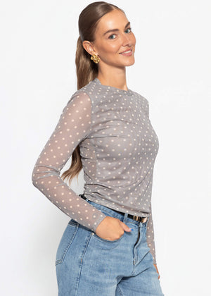 Mesh Langarmshirt mit Punkten - taupe