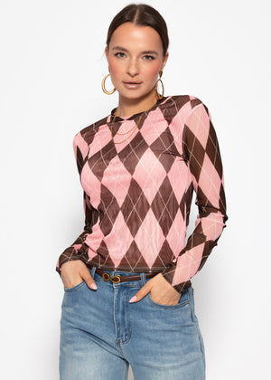 Mesh Langarmshirt mit Rautenmuster - rosa-braun
