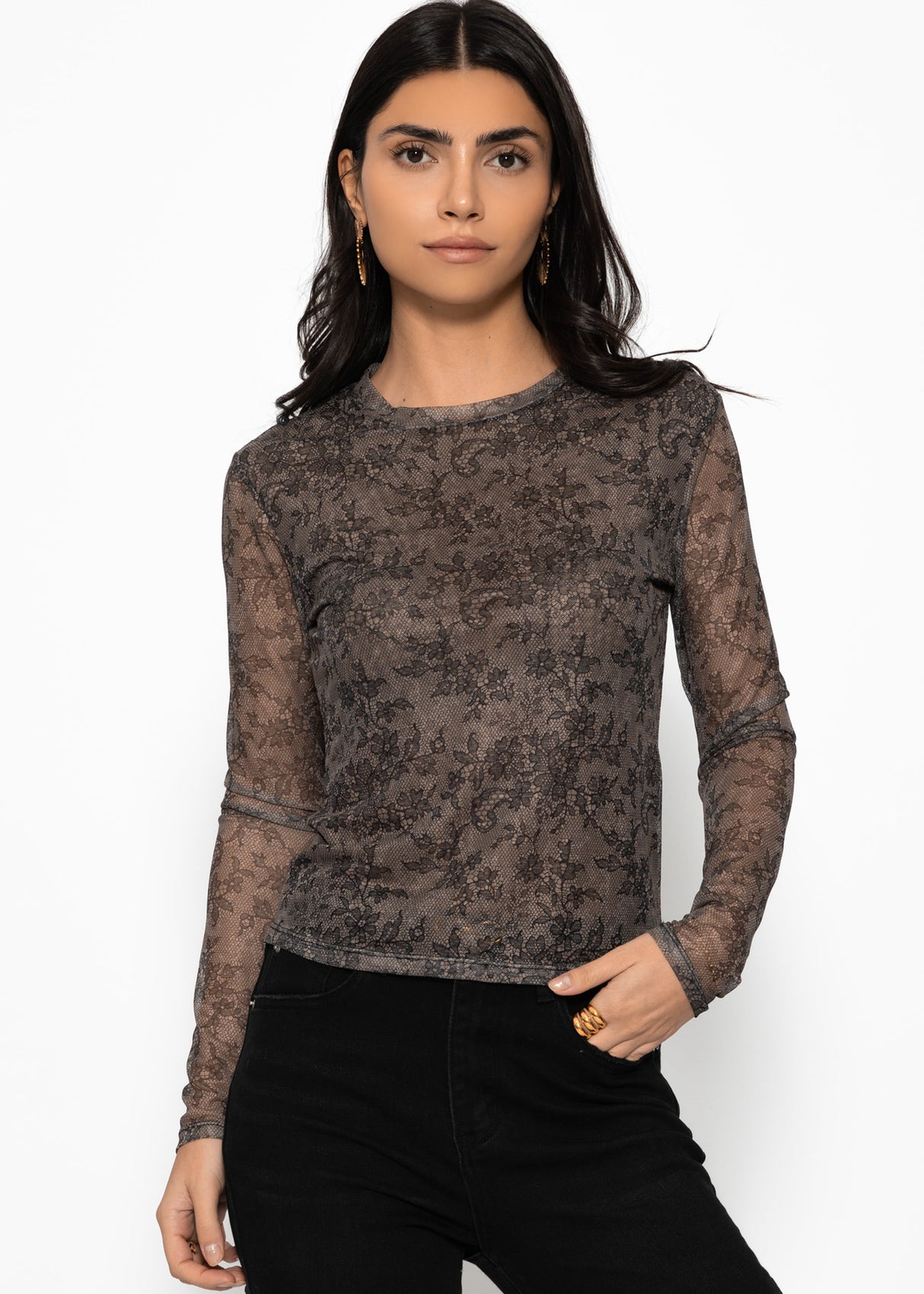 Mesh Langarmshirt mit Spitzen-Print - schwarz