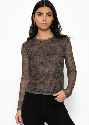 Mesh Langarmshirt mit Spitzen-Print - schwarz