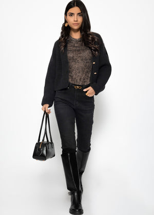 Mesh Langarmshirt mit Spitzen-Print - schwarz