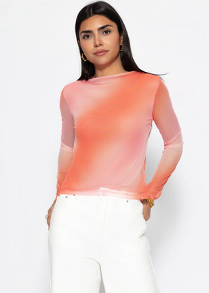 Mesh Langarmshirt mit Stehkragen - koralle