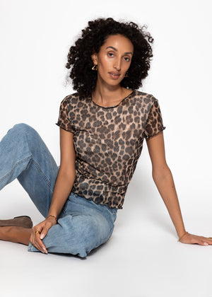 Mesh T-Shirt mit Leo-Print - braun