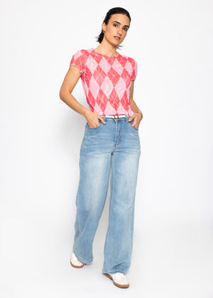 Mesh T-shirt with diamond print - pink