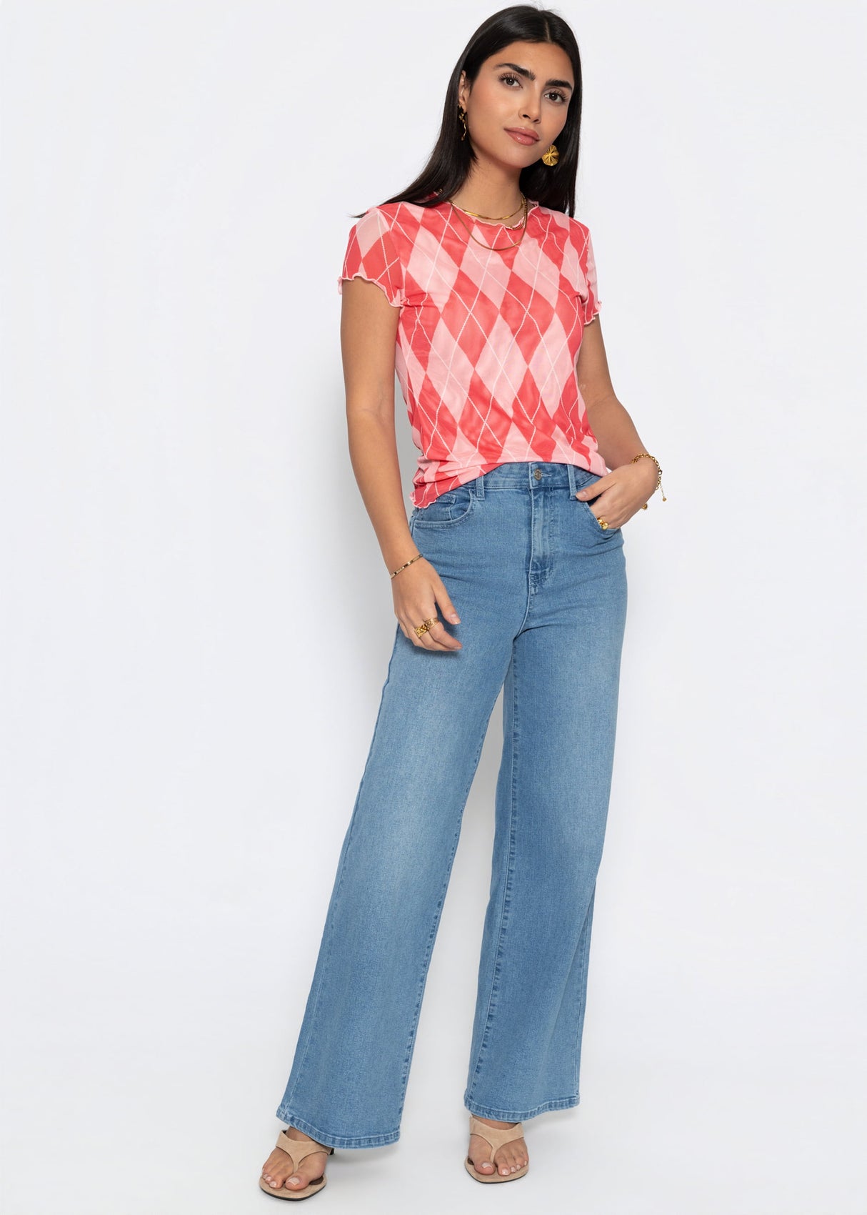 Mesh T-shirt with diamond print - pink