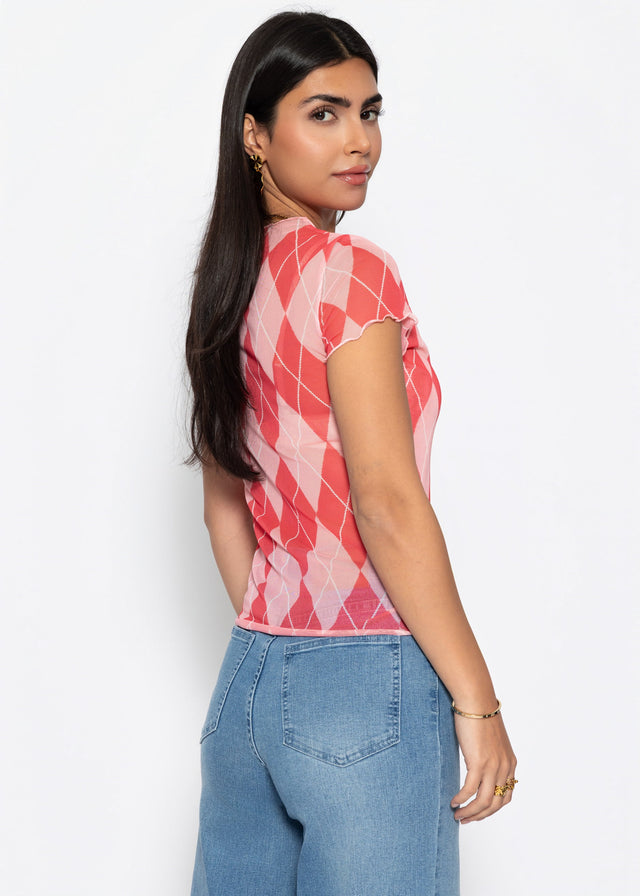 Mesh T-Shirt mit Rauten-Print - rosa