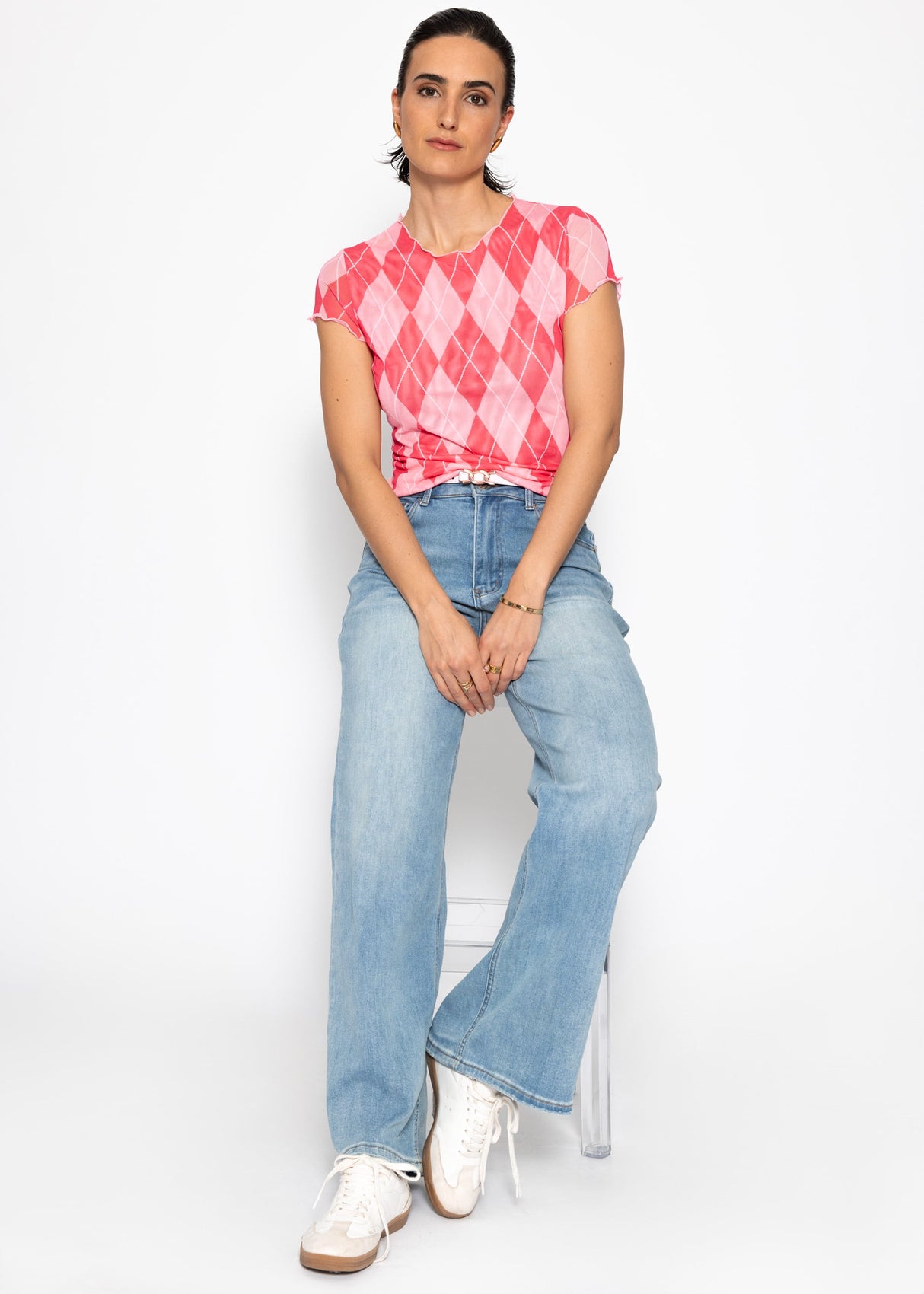 Mesh T-shirt with diamond print - pink