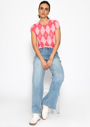 Mesh T-shirt with diamond print - pink