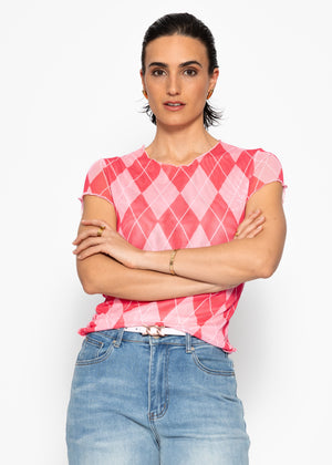 Mesh T-shirt with diamond print - pink