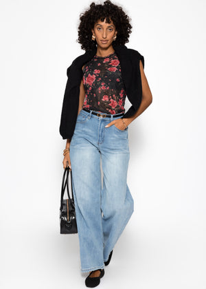 Mesh top with floral print - black