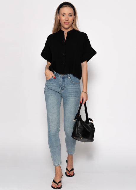 Musselin Bluse mit angeschnittenem kurzen Arm - schwarz