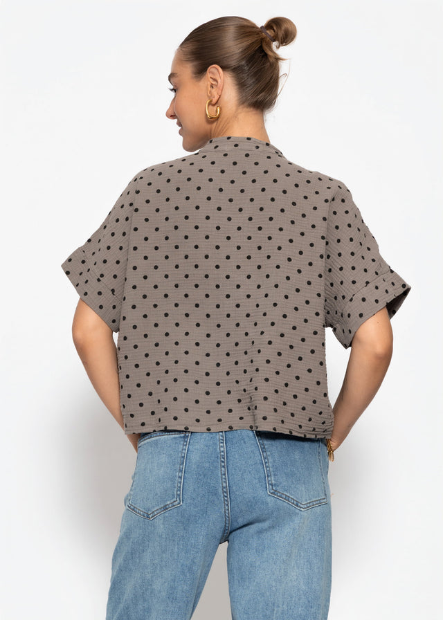 Kurzarm Musselin Bluse mit Punkten - taupe
