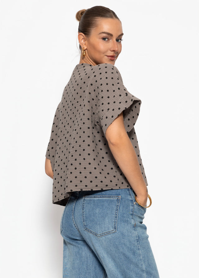 Kurzarm Musselin Bluse mit Punkten - taupe