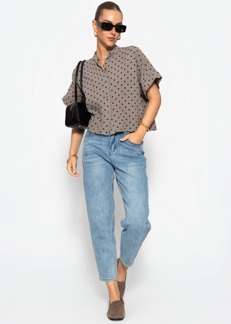 Kurzarm Musselin Bluse mit Punkten - taupe