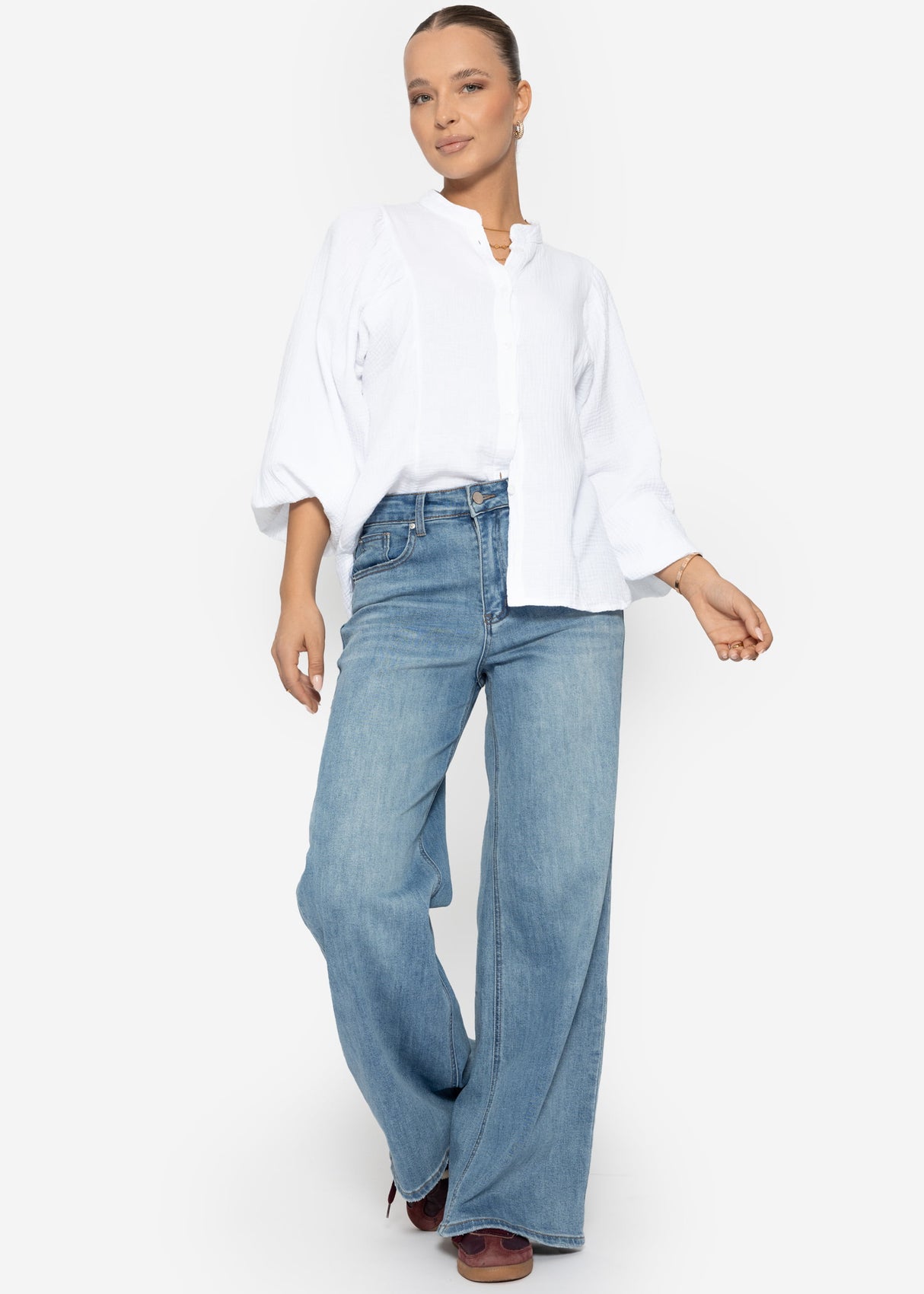 Musselin Bluse mit Fledermausärmeln - weiß