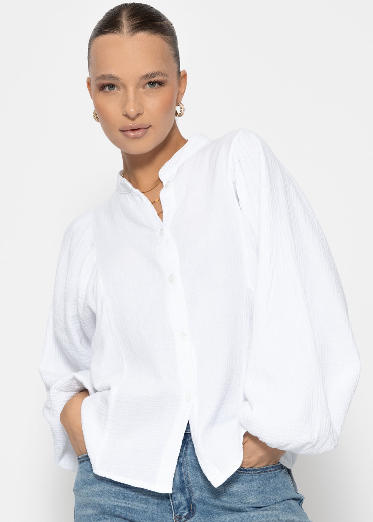 Musselin Bluse mit Fledermausärmeln - weiß