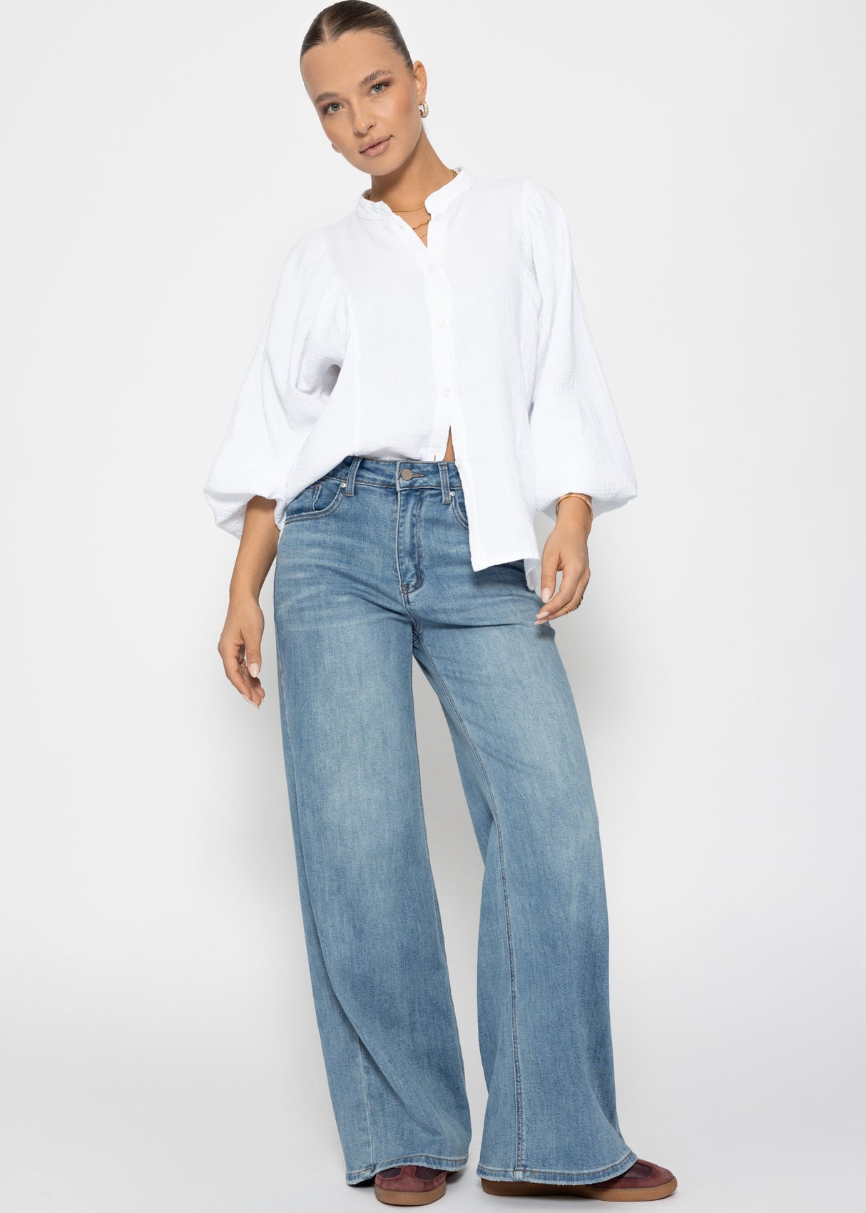 Musselin Bluse mit Fledermausärmeln - weiß