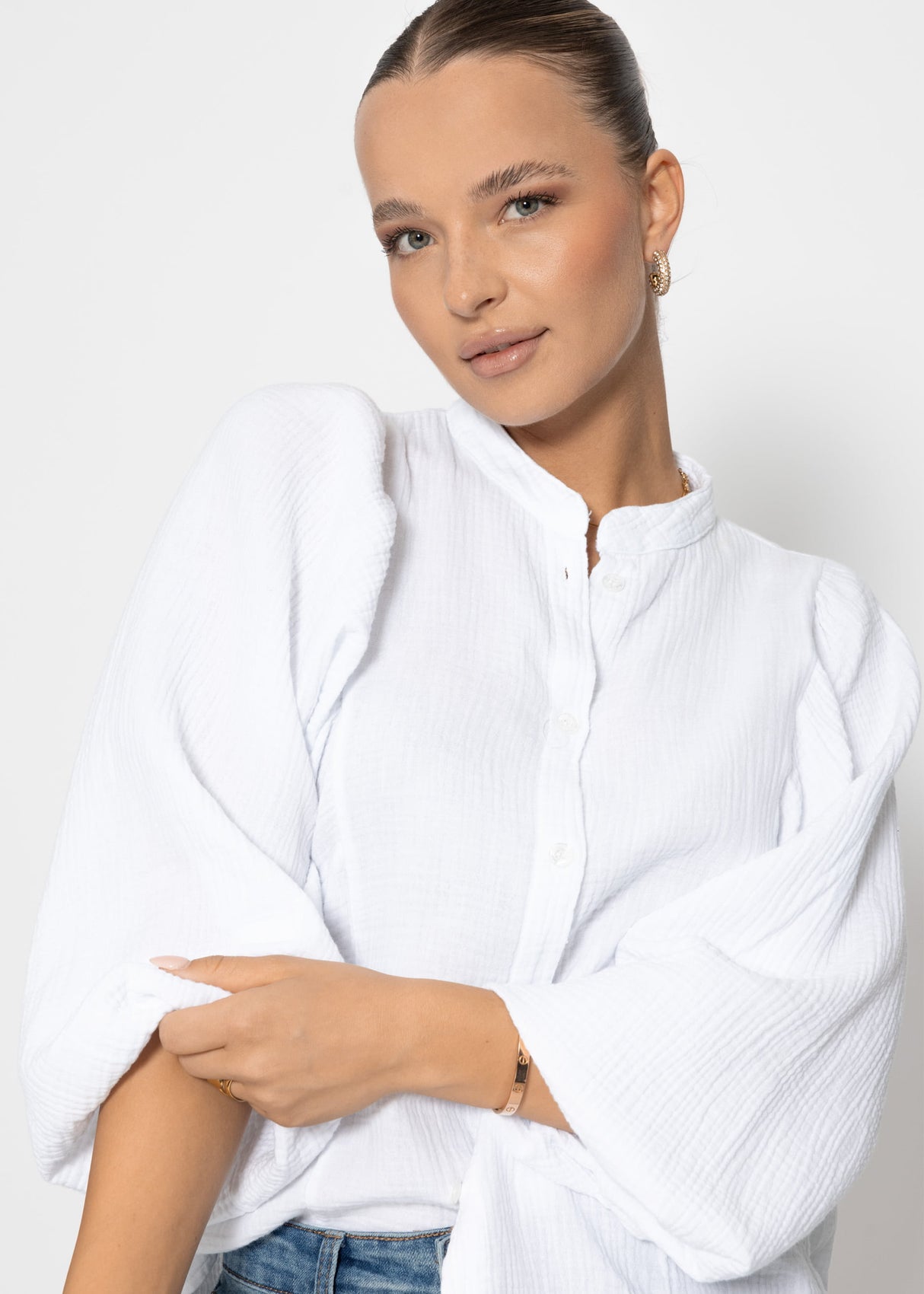 Musselin Bluse mit Fledermausärmeln - weiß