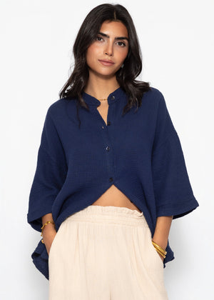 Musselin Bluse mit halblangen Ärmeln - dunkelblau