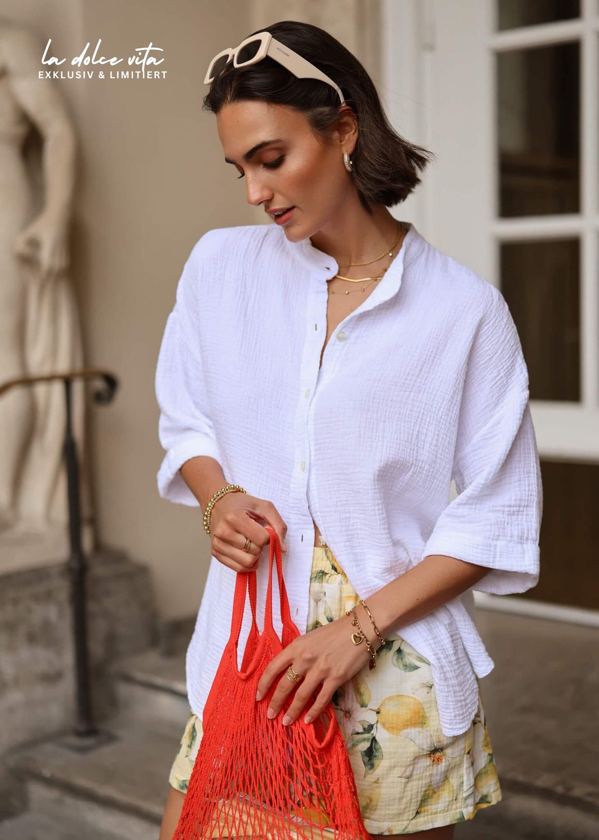 Musselin Bluse mit halblangen Ärmeln - weiß