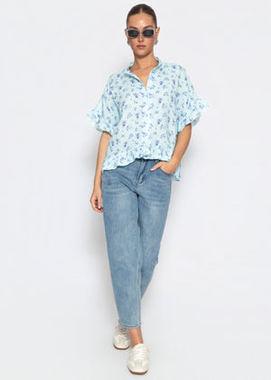 Musselin Bluse mit Rüschensaum und Blumenprint - blau