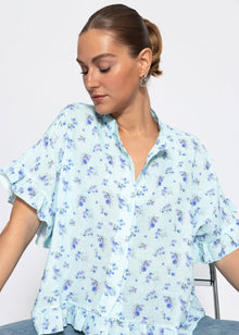 Musselin Bluse mit Rüschensaum und Blumenprint - blau