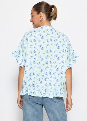 Musselin Bluse mit Rüschensaum und Blumenprint - blau