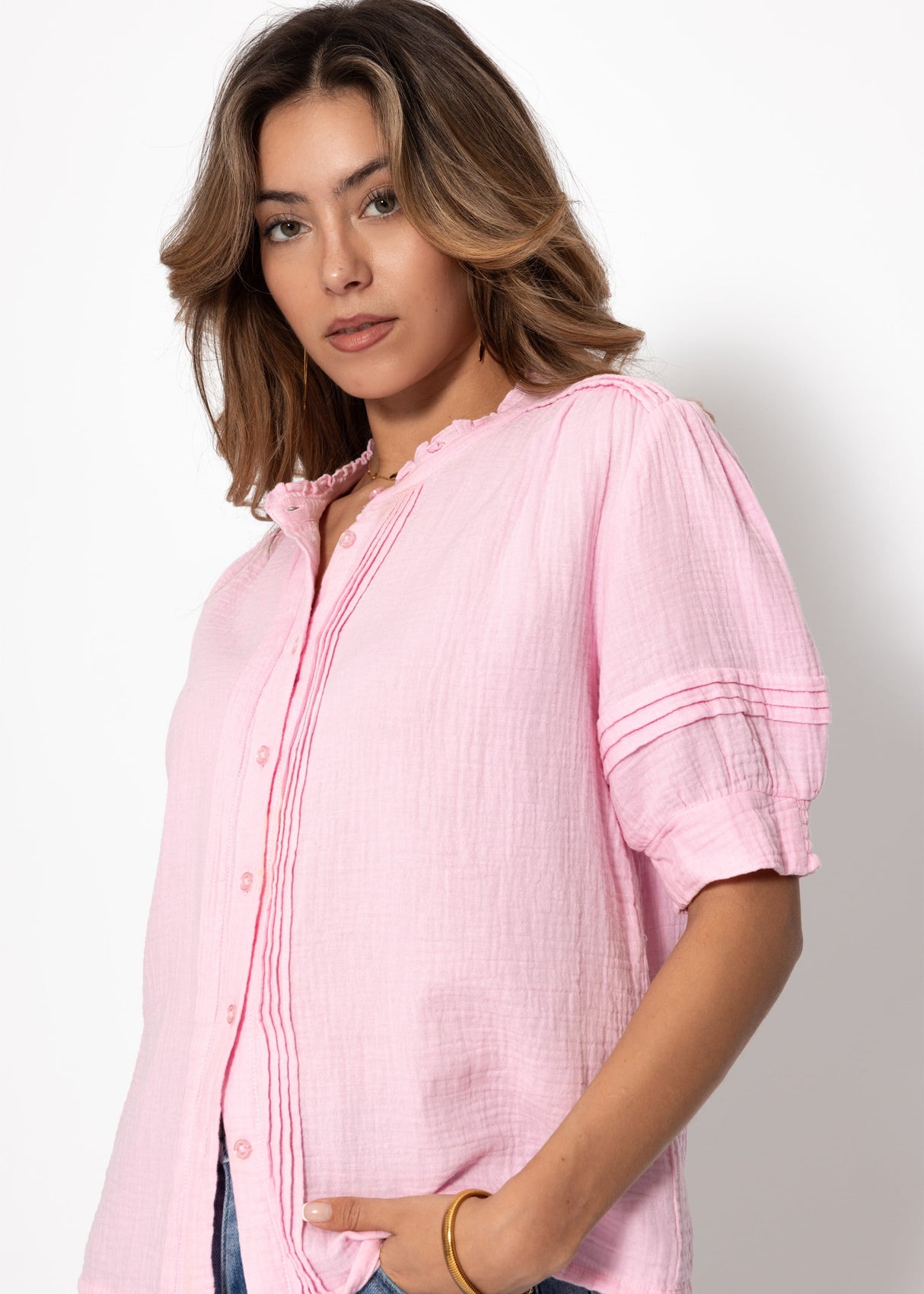 Halbarm Musselin Bluse - rosa
