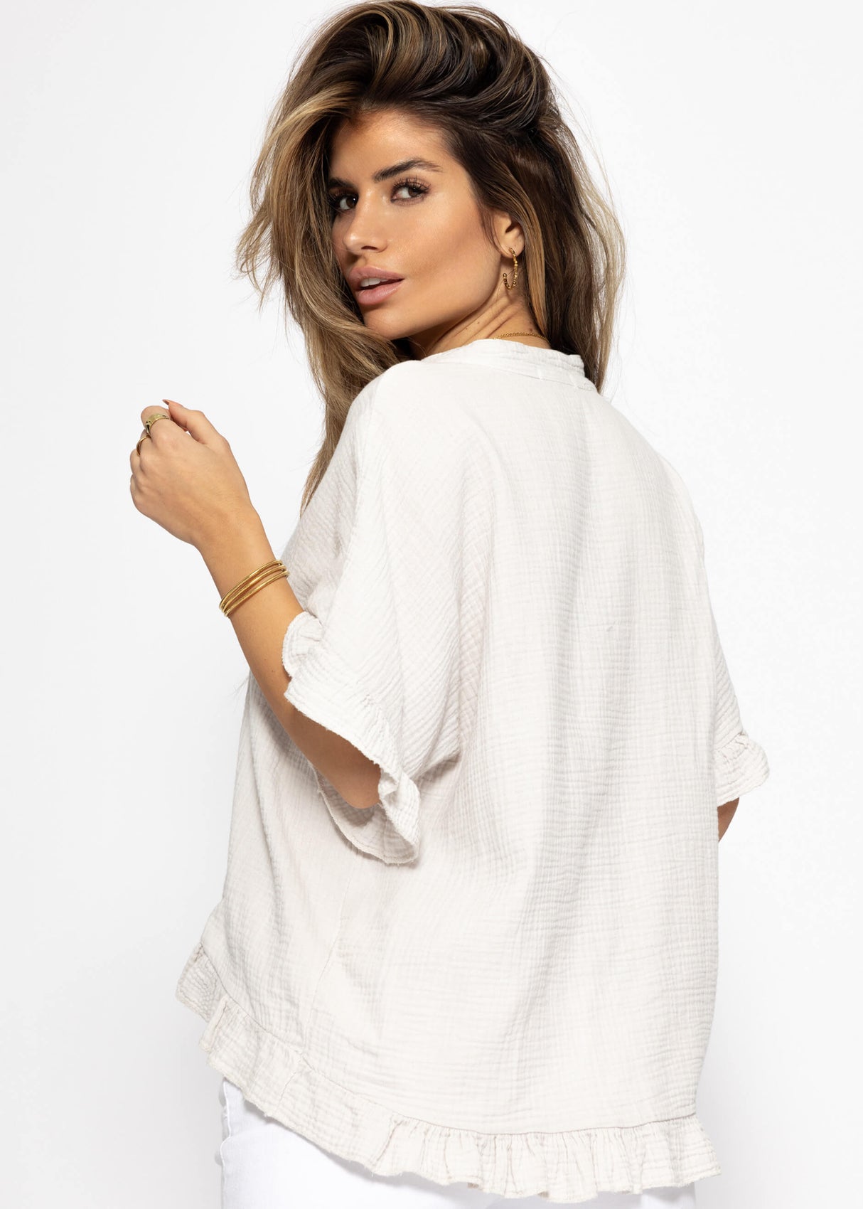 Muslin blouse with ruffle hem - light beige