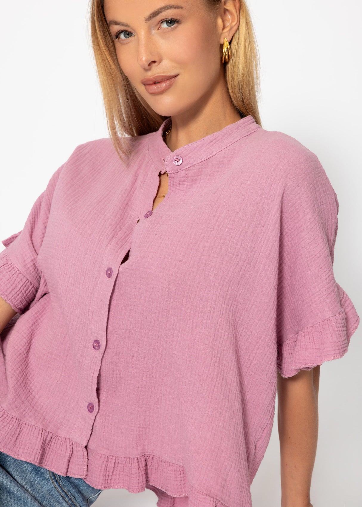 Musselin Bluse mit Rüschensaum - rosa