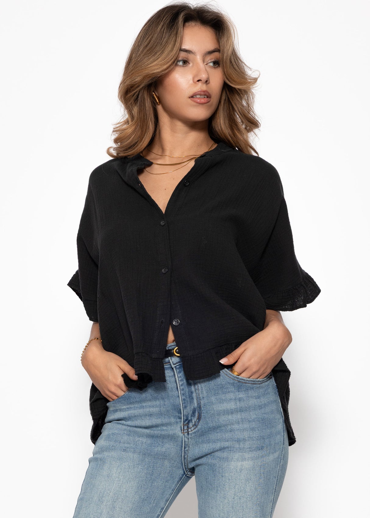 Musselin Bluse mit Rüschensaum - schwarz